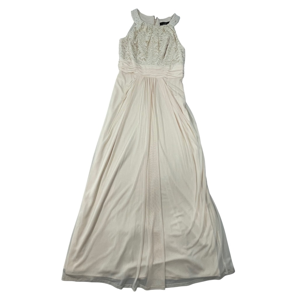 Alex Evenings Women's Lace Pearl Halter Gown Ivory Cream Ecru Size 8 Maxi 36426